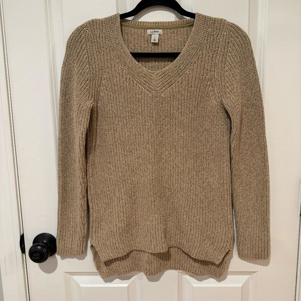 L.L. Bean Tan‎ Cotton V Neck Pullover Sweater - Size Small